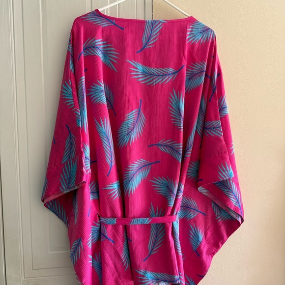 Pink and Blue Leaf Print Relaxed Split-Neck Kimono Top Lane Bryant 22/24 NWT - Picture 5 of 8